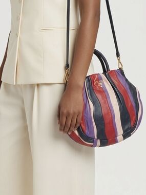 Prada Striped Leather Shoulder Bag in Navy, Red, Purple & Blush